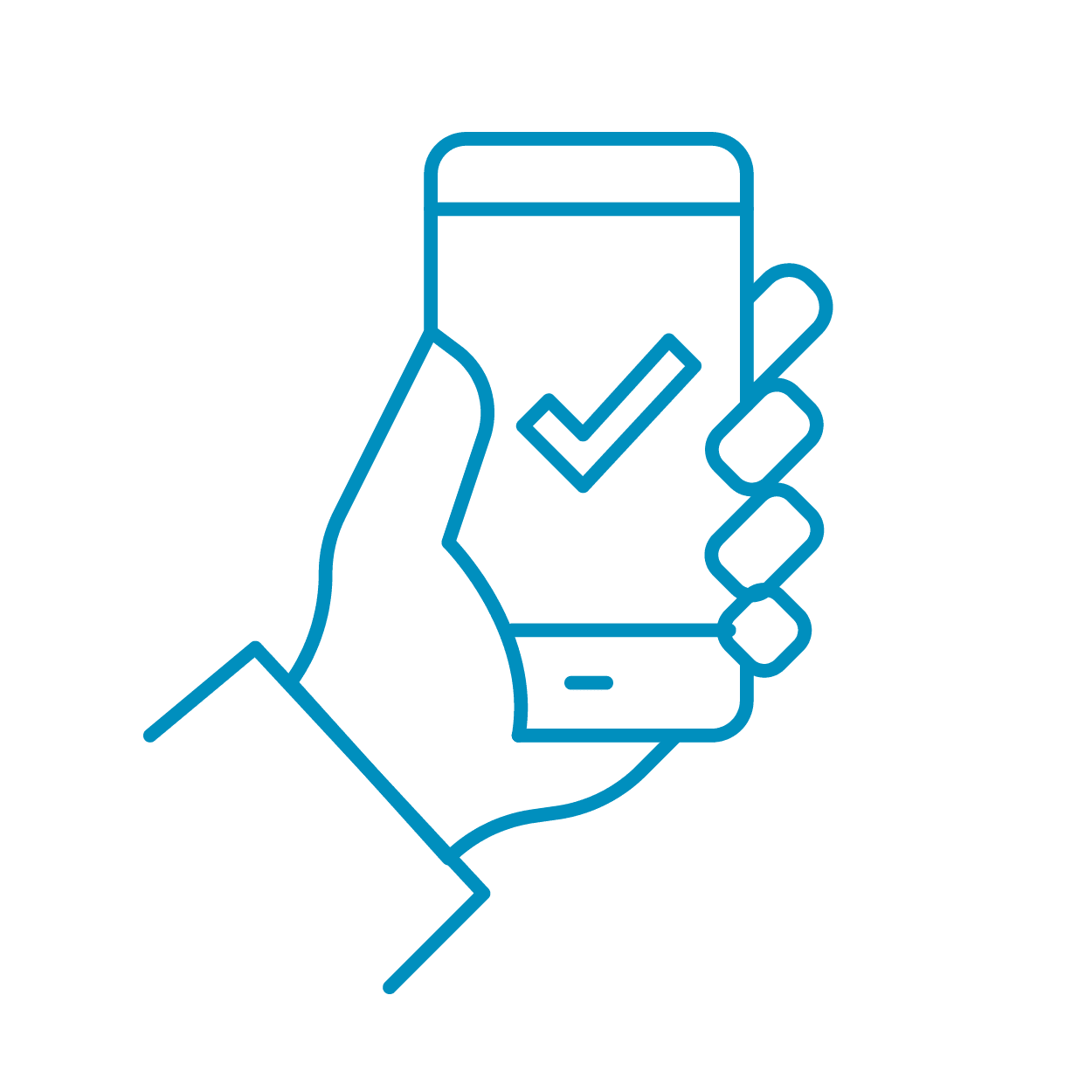 Hand holding a mobile phone with a checkmark on the screen