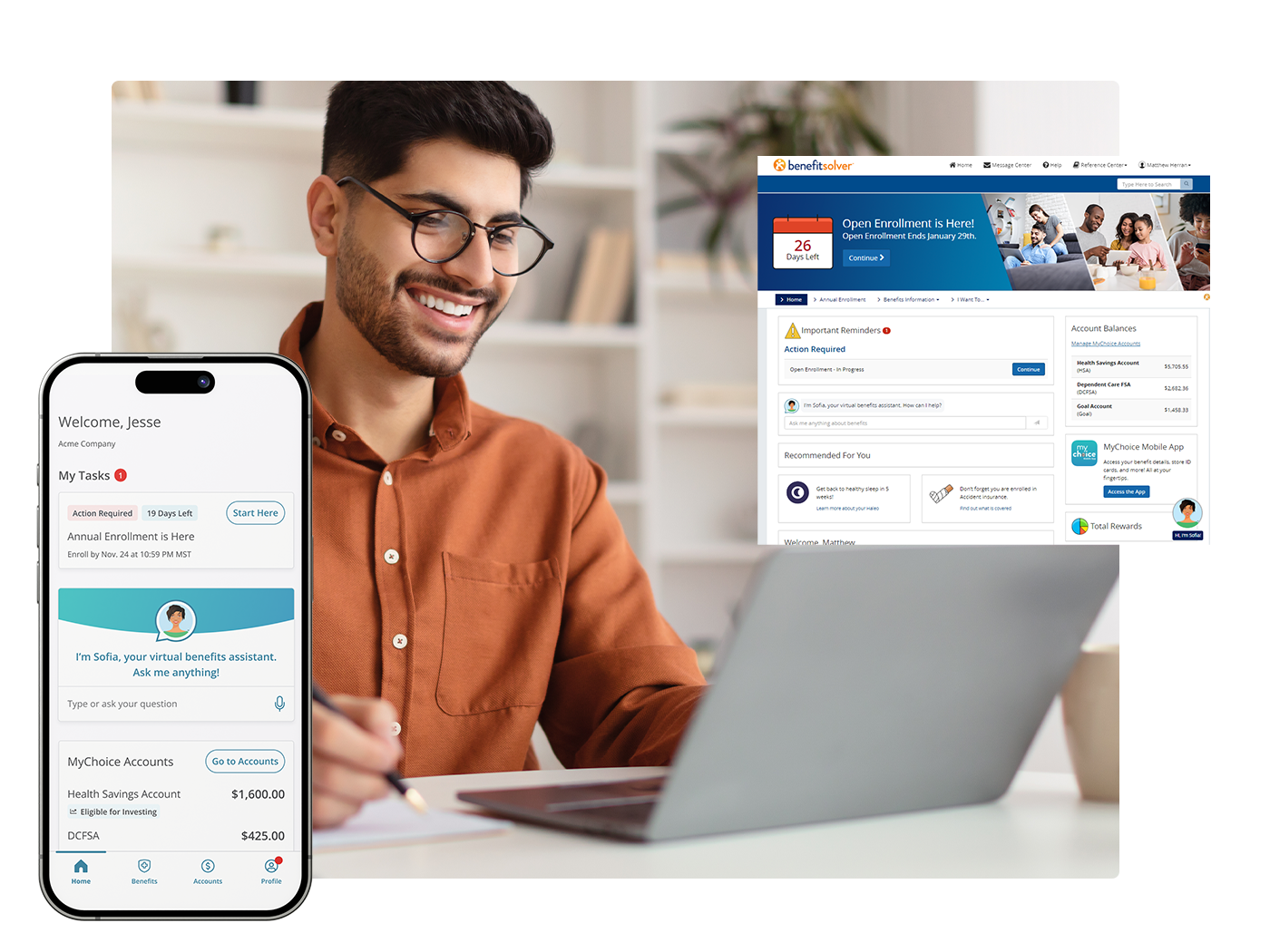 A cellphone showing artificial intelligence tool, Sofia. Man smiling at the computer screen looking at the Benefitsolver dashboard.