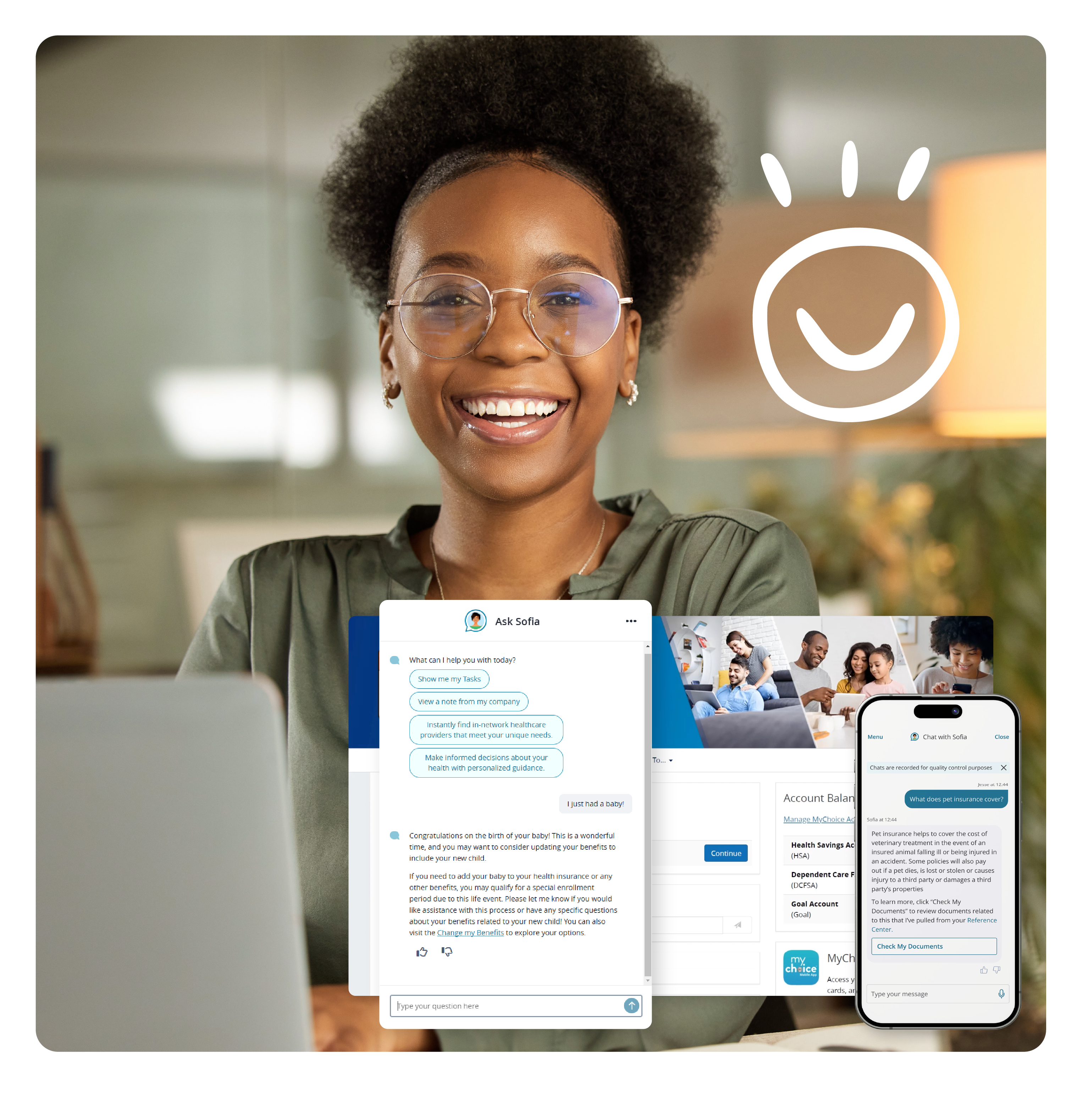 Screenshots of Benefitsolver platform on desktop and mobile with a picture of a smiling woman behind