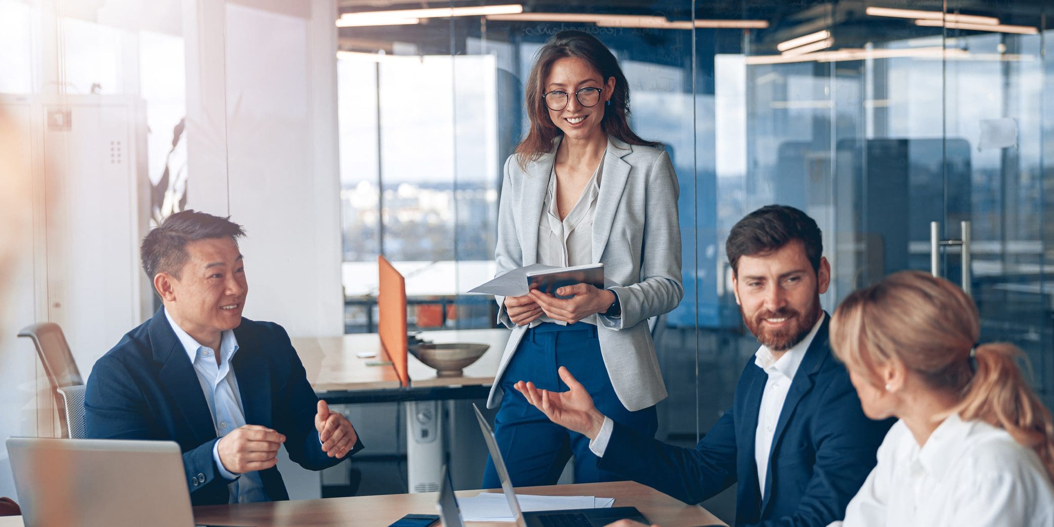 A group of business people partners during a set team meeting