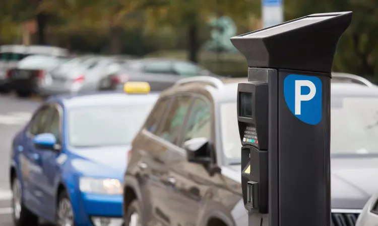 Parking Machine With Solar Panel in the City Street, Pay on Foot Parking System