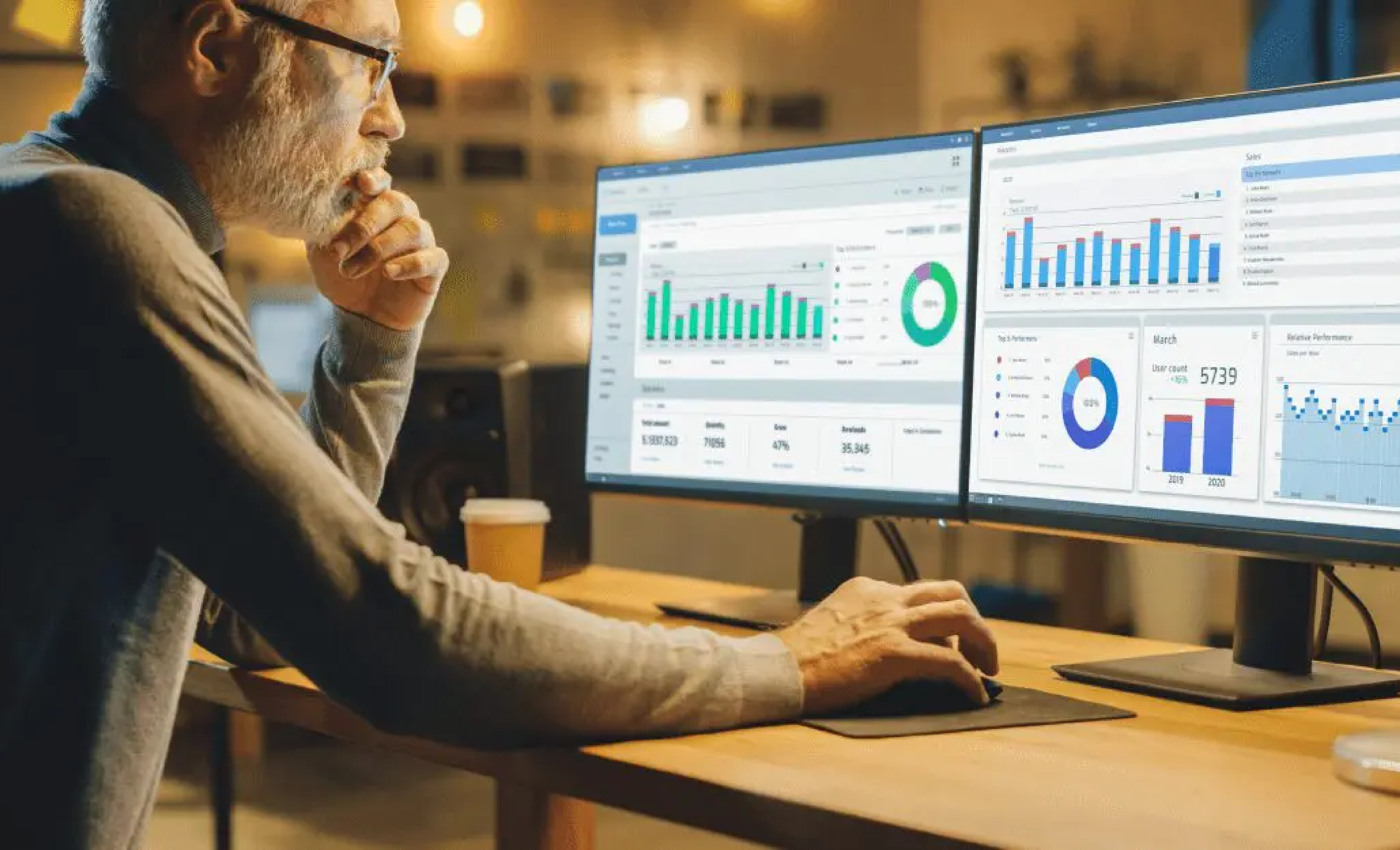 Man looking at dashboard analytics on computer screens.