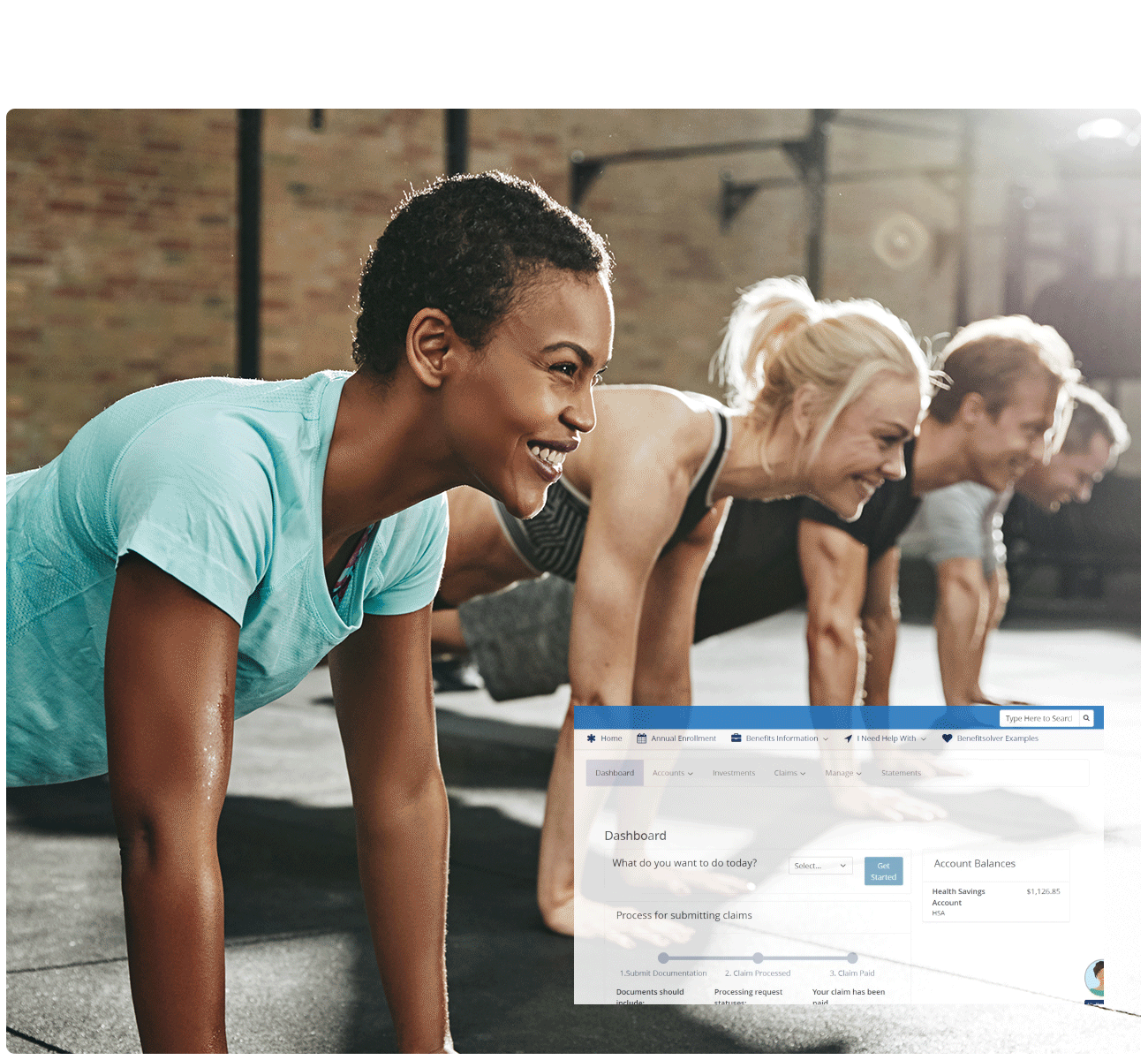 People in a fitness class with an image of the employee dashboard view.