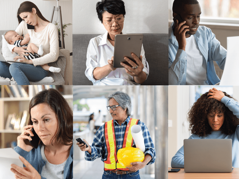 A collage of six individuals engaged in various activities: The first person is holding a baby, the second person is reading a tablet, the third person is talking on a mobile phone holding documents, the fourth person is conversing on a mobile phone, the fifth person is dressed in a high-visibility vest holding a hard hat and blueprints, and the sixth person is sitting in front of a laptop with their hand on their head.