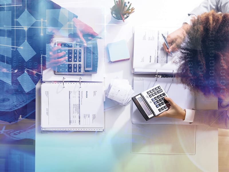 Aerial View of Two Young Businesspeople Analyzing Bills in an Office – Resource Thumbnail