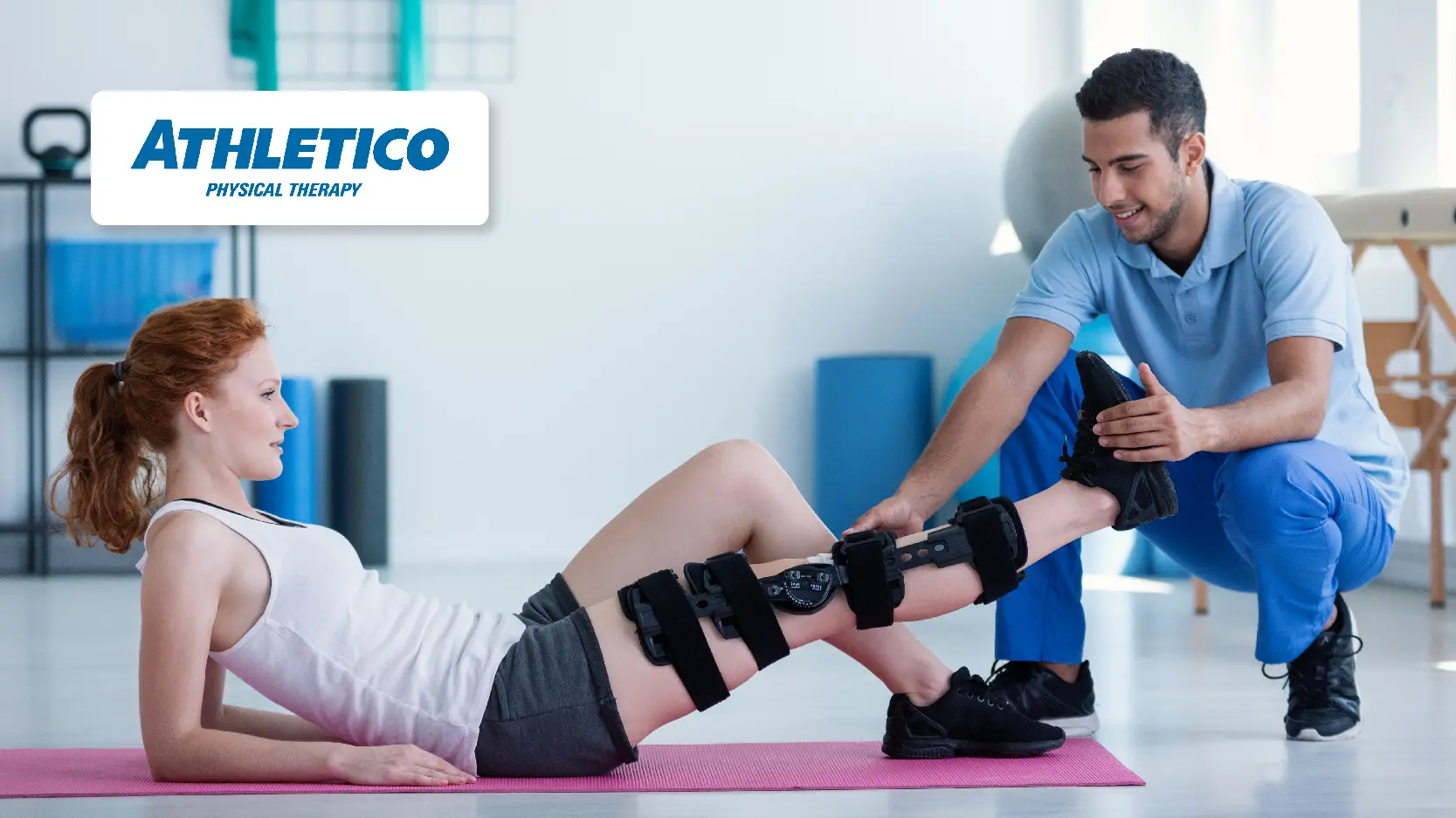 Athletico Physical Therapy Case Study Resource Image - Woman With Leg Injury on Mat With Doctor During Physical Therapy Treatment