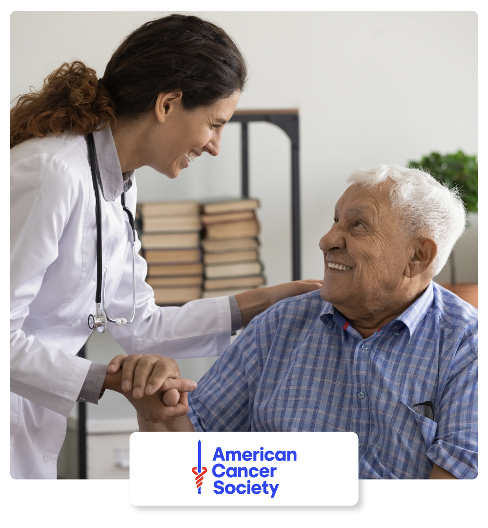 American Cancer Society Case Study Hero - Smiling Doctor and Patient Holding Hands Appreciating for Help, Support, and Care