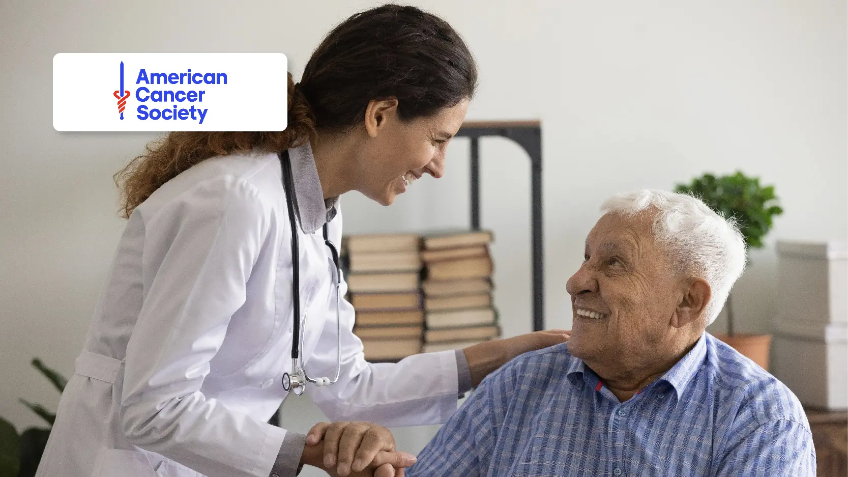 American Cancer Society Case Study Resource Image -Smiling Doctor and Patient Holding Hands Appreciating for Help, Support, and Care