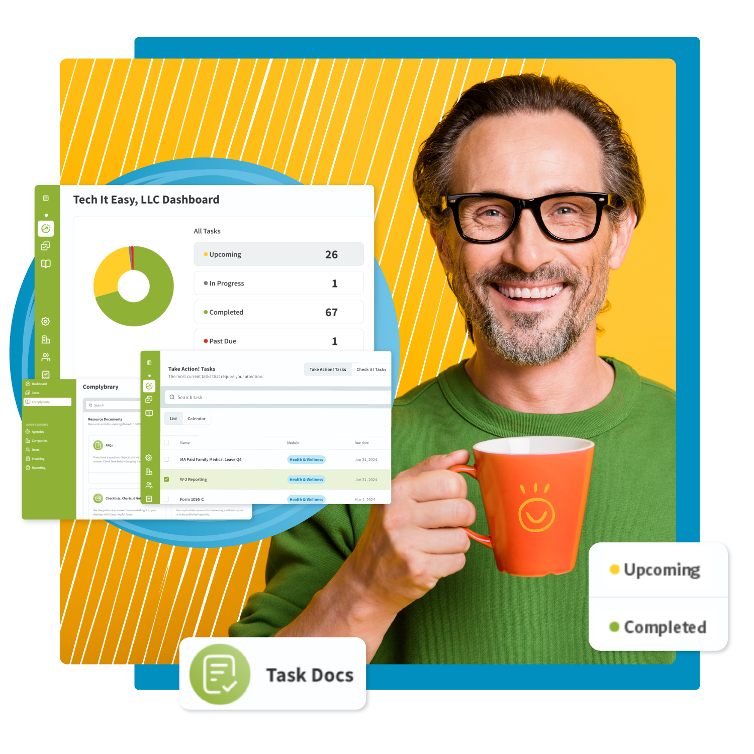 Compliance Dashboard screens and man smiling drinking coffee