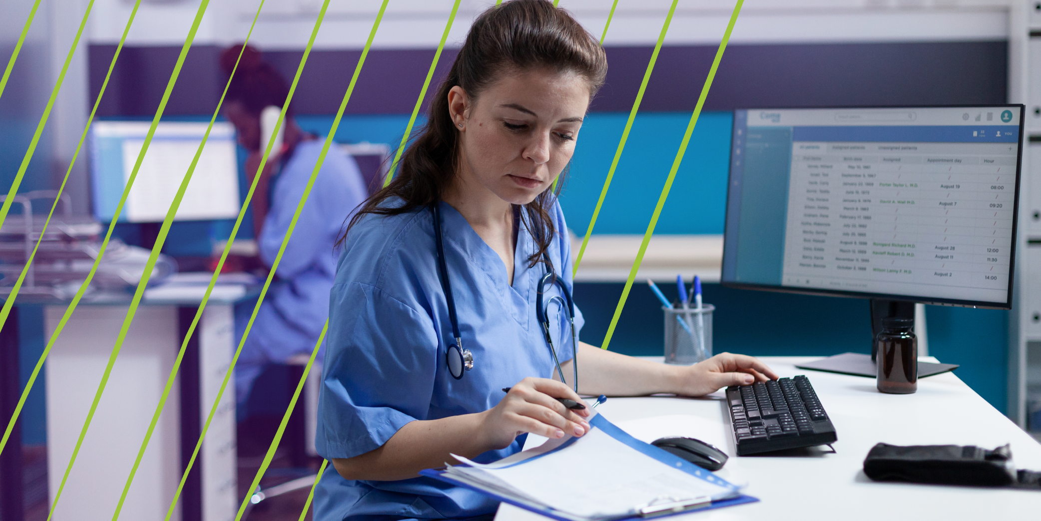 Nurse in office looking at patient files
