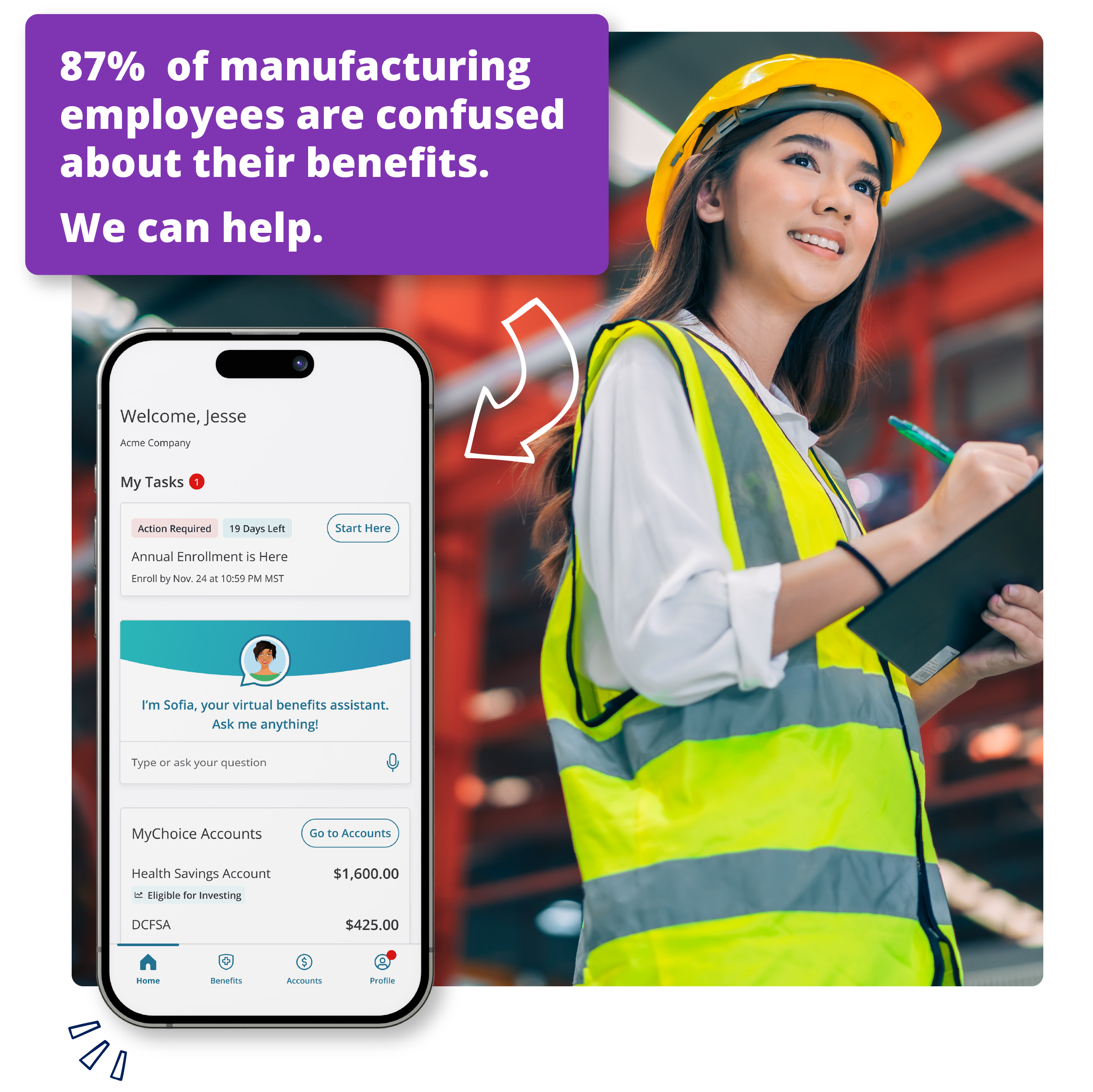 woman working in manufacturing environment using our mychoice mobile app