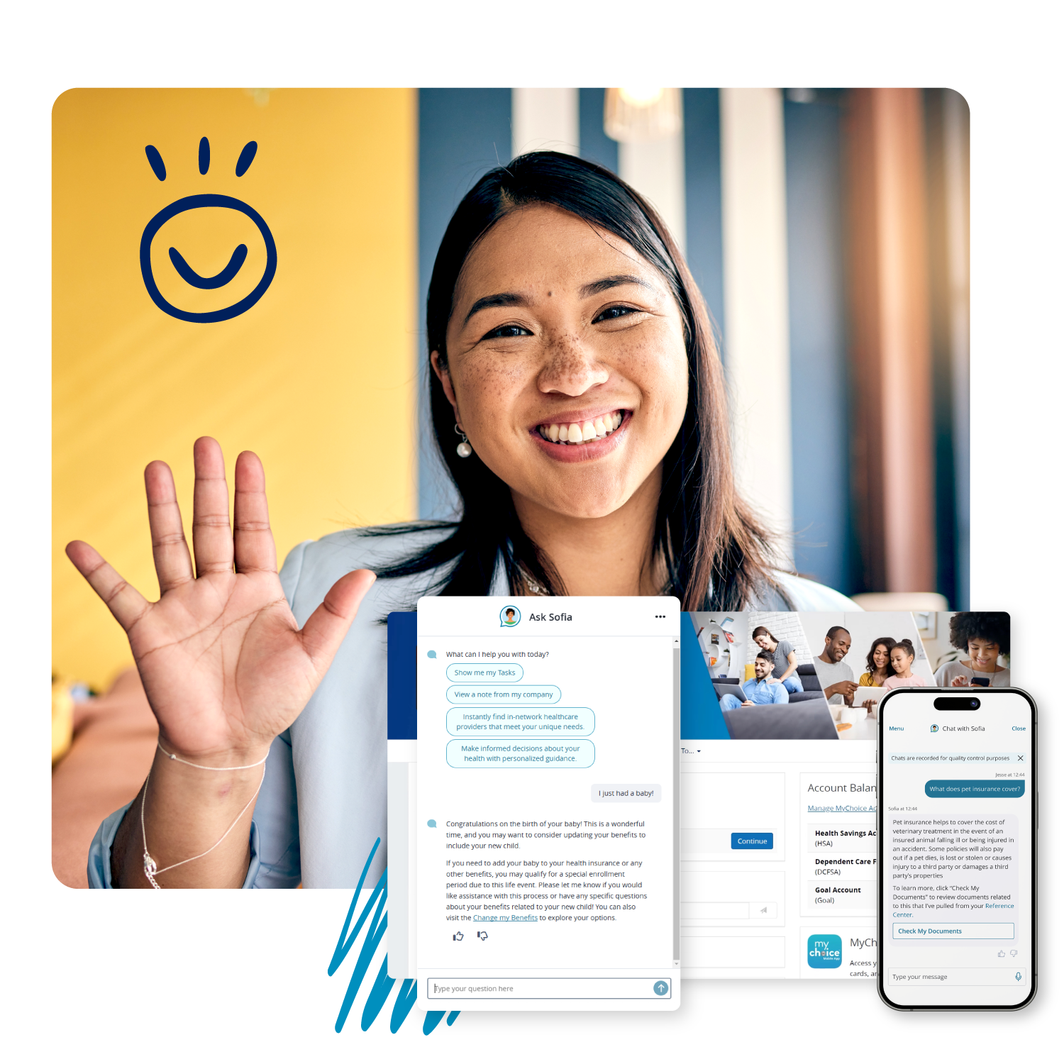 woman waving hi. Benefitsolver platform screens overlay
