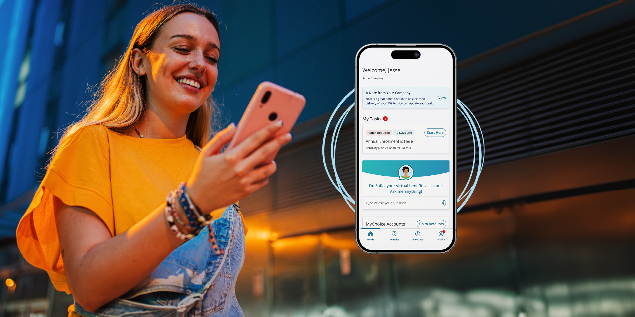 women holding a sellphone looking at her benefits app