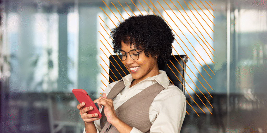 women on her phone in an office chair