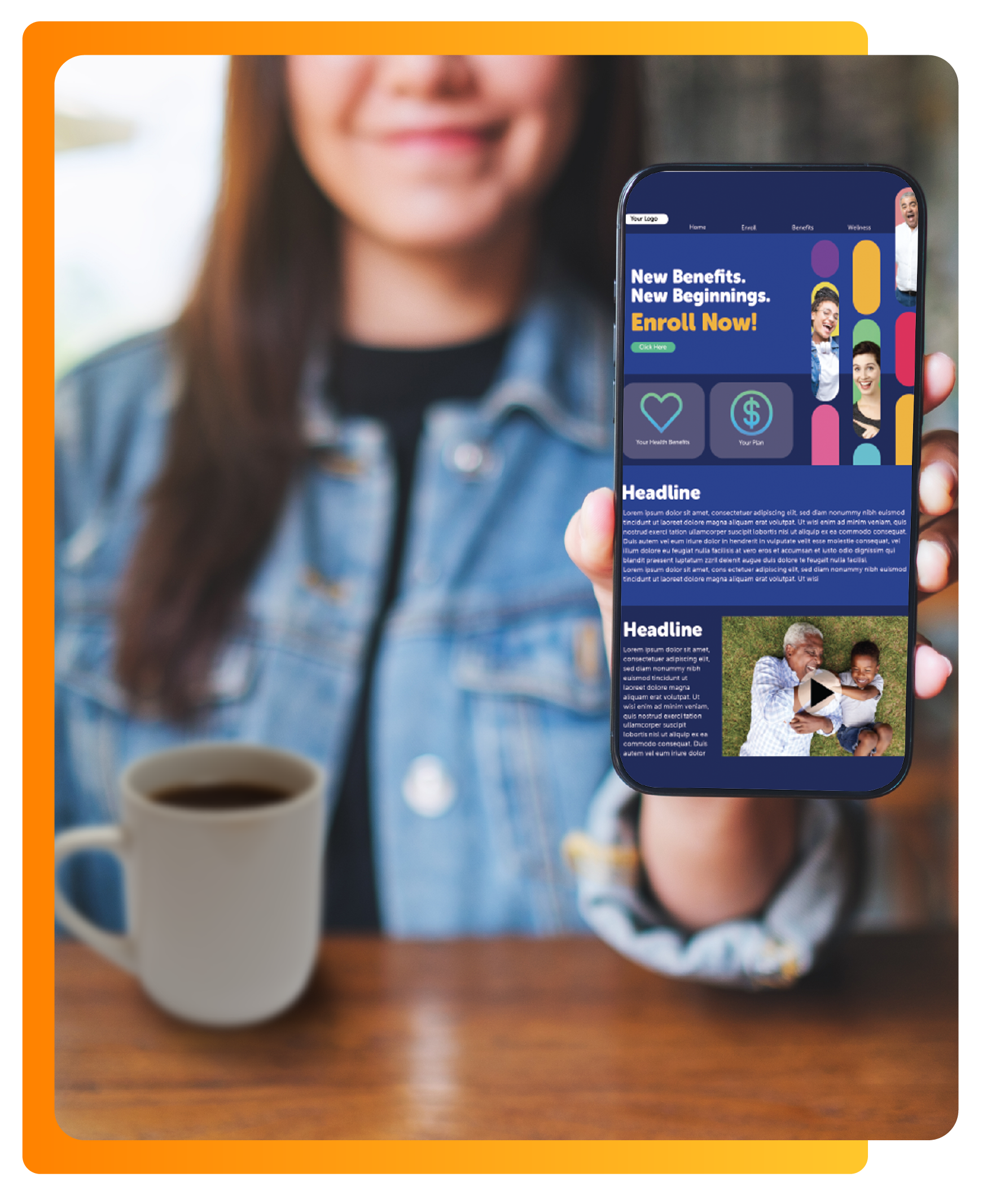 image of woman holding up her phone with businessolver custom communication website