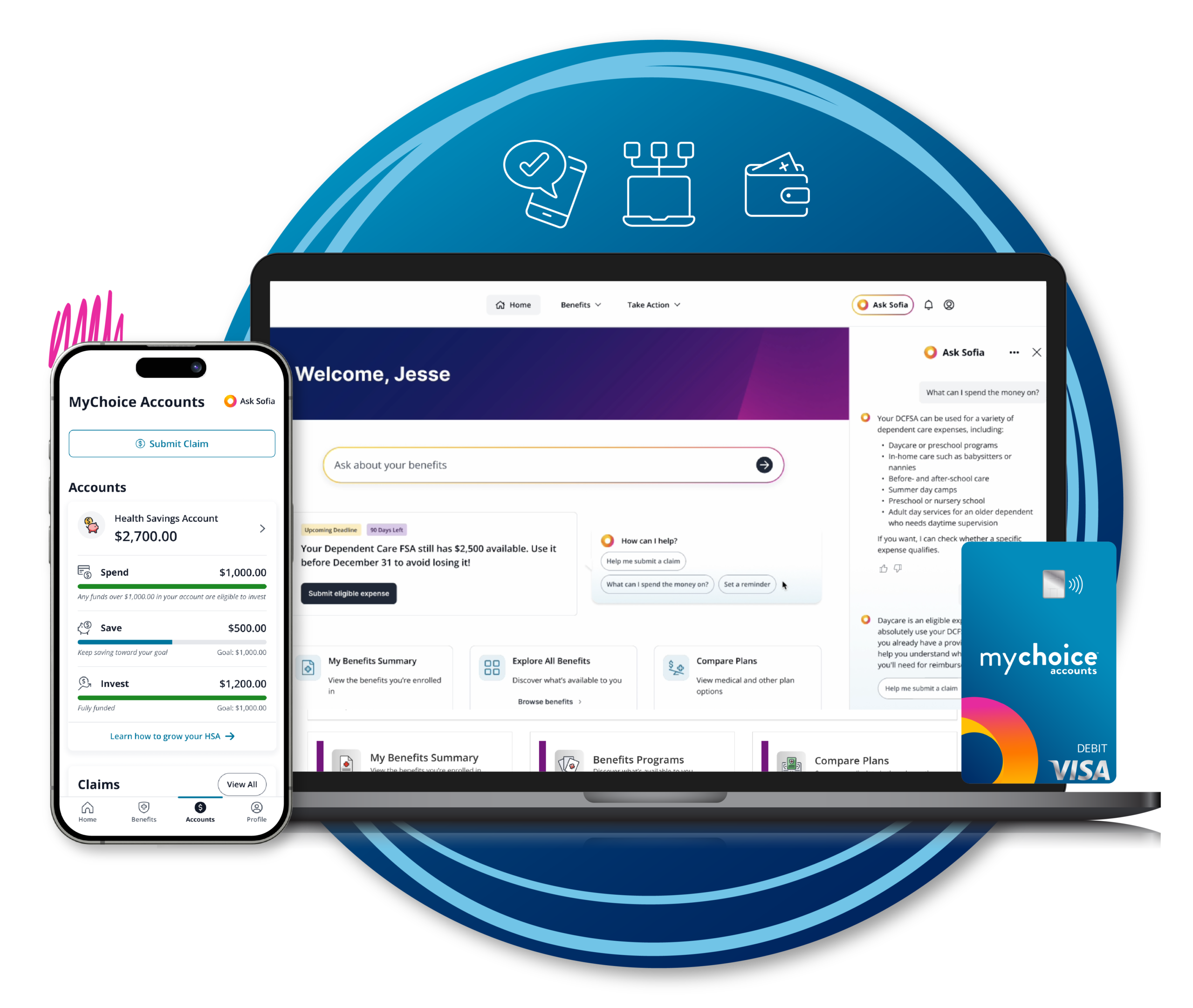 Benefits and Accounts Administration screens on computer and mobile phone