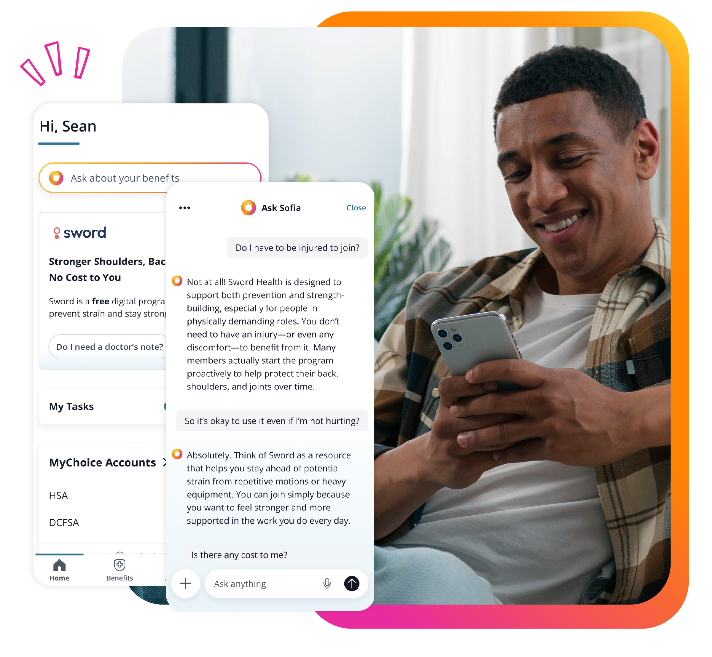 young man looking at her benefits app showing antecipation message