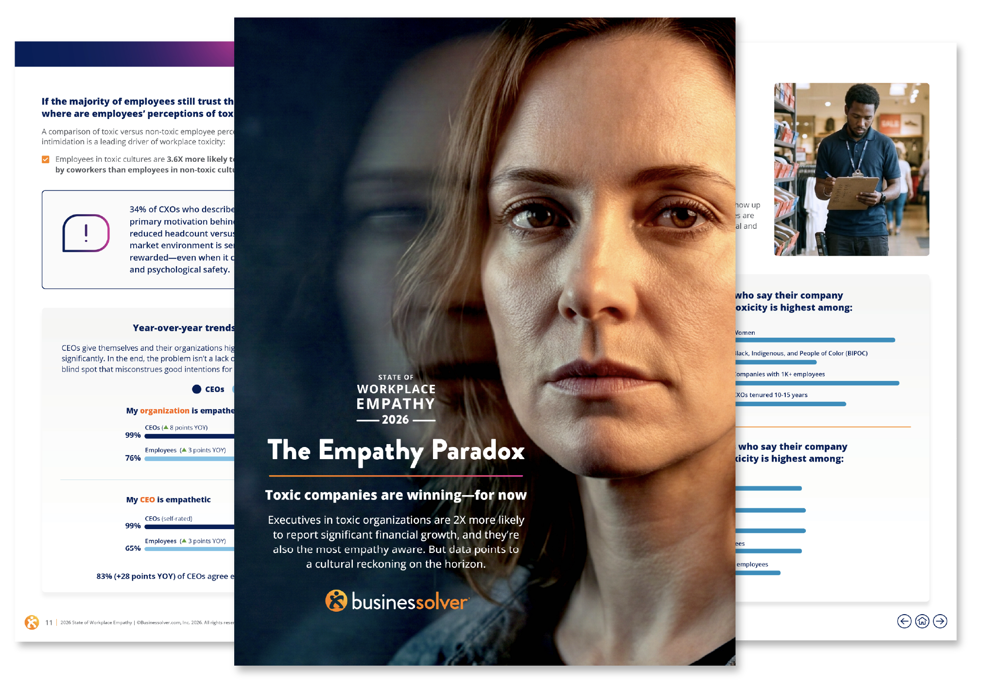 Report cover and interior pages with photo of woman looking into camera